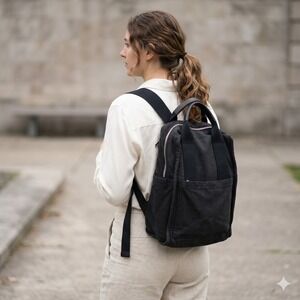 Quince‎ Canvas Backpack Unisex Black Leather Trim Minimalist Commuter Utility